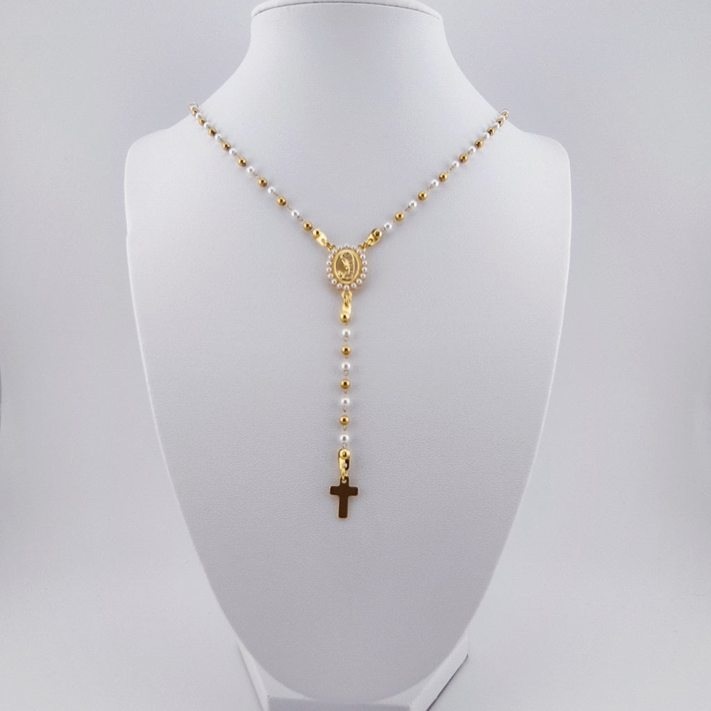Colar Terço Nossa Senhora e Cruz - Aço Inoxidável, Pérolas e Contas | Joia de Fé