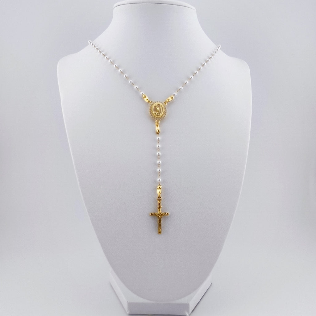 Colar Terço Nossa Senhora e Cruz - Aço Inoxidável e Pérolas | Joia de Fé