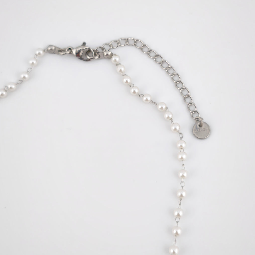 Colar Terço Nossa Senhora e Cruz - Aço Inoxidável e Pérolas | Joia de Fé