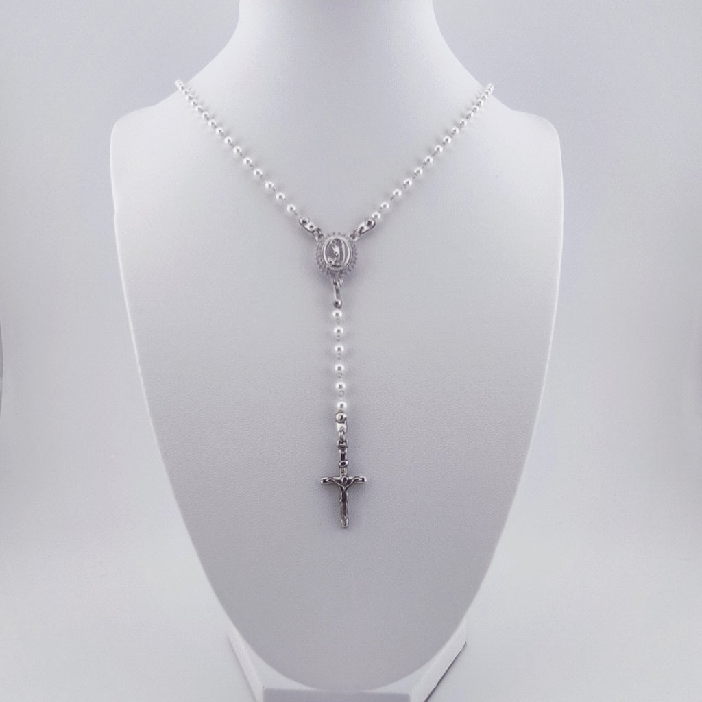 Rosary Necklace with Our Lady and Cross - Stainless Steel and Pearls | Jewelry of Faith