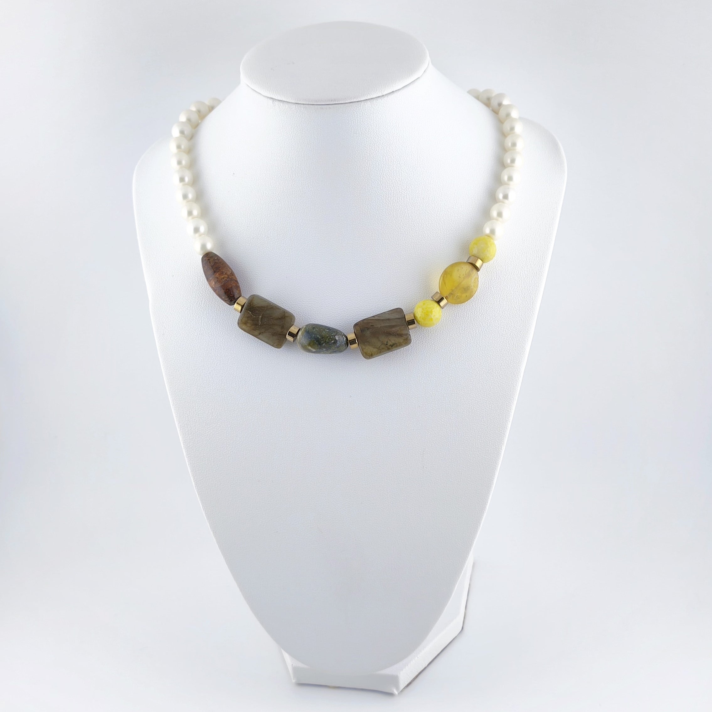 Colar Pérolas Concha, Labradorite e Quartzo Amarelo | Joias Luxo