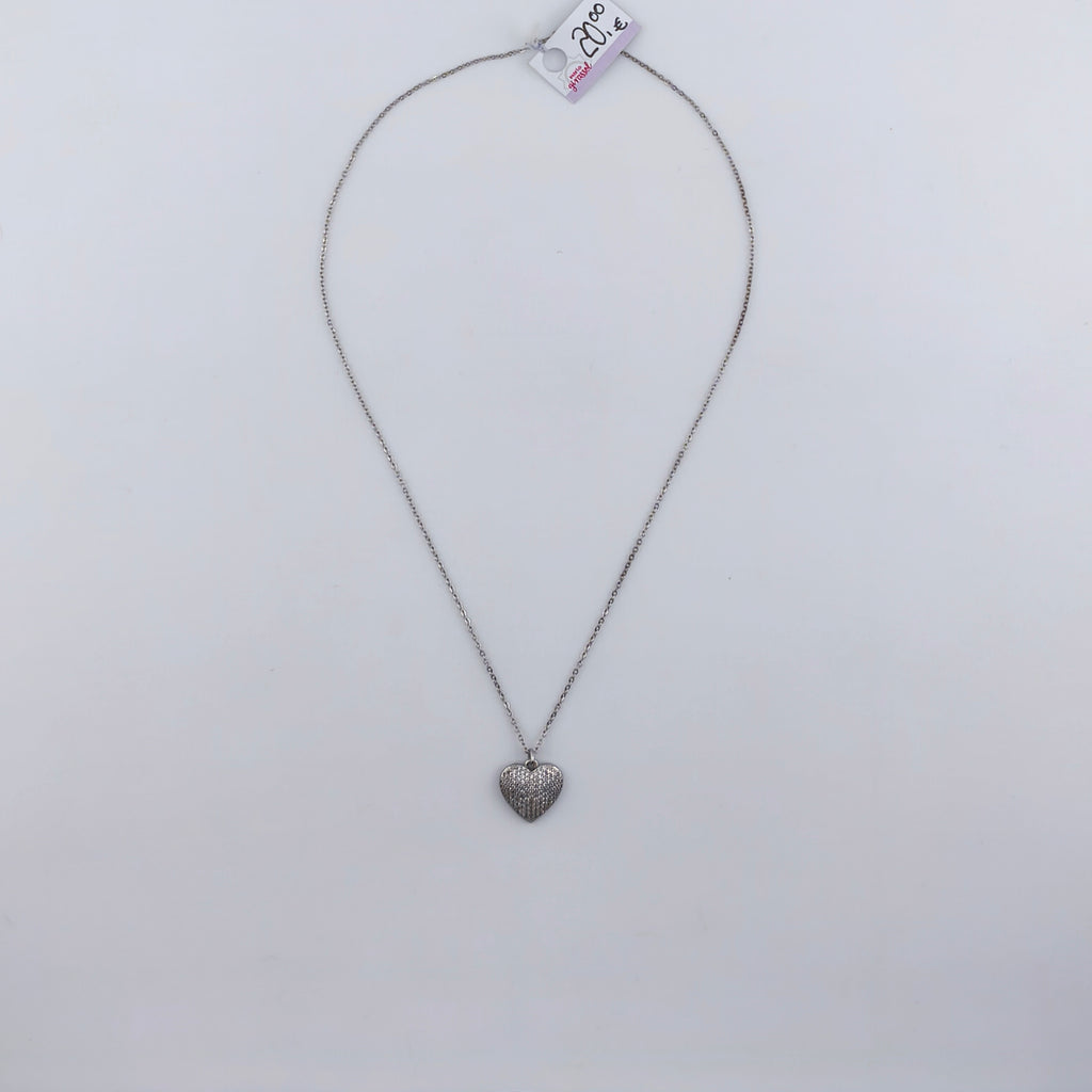 Silver-plated wire, concave heart pendant set with cubic zirconia | Hearts Collection – Amor Jewelry 