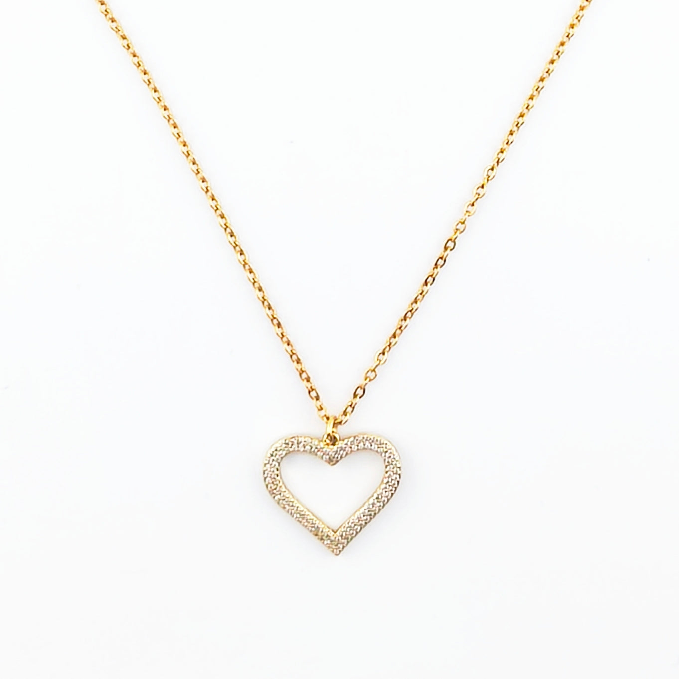 Gold-tone wire, openwork heart pendant set with cubic zirconia | Hearts Collection – Amor Jewelry