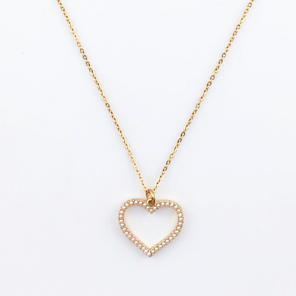 Gold-tone wire, openwork heart pendant with mini synthetic pearls | Hearts Collection – Amor Jewelry 
