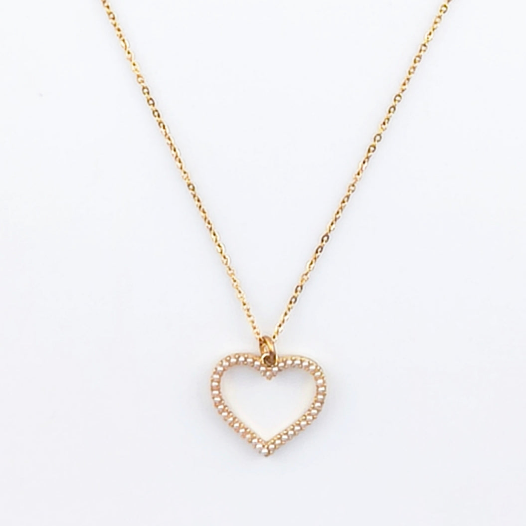 Gold-tone wire, openwork heart pendant with mini synthetic pearls | Hearts Collection – Amor Jewelry 