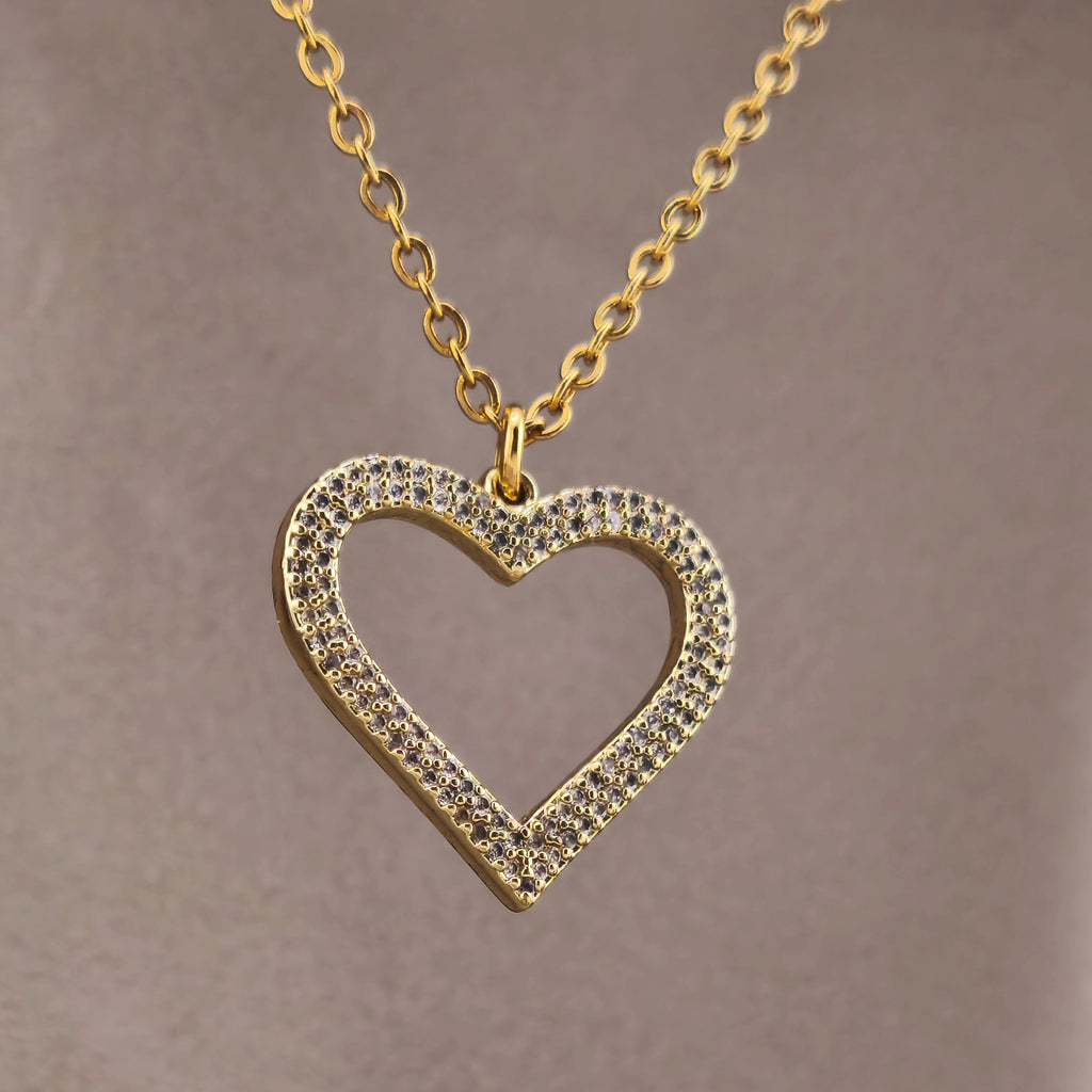 Gold-tone wire, openwork heart pendant set with cubic zirconia | Hearts Collection – Amor Jewelry