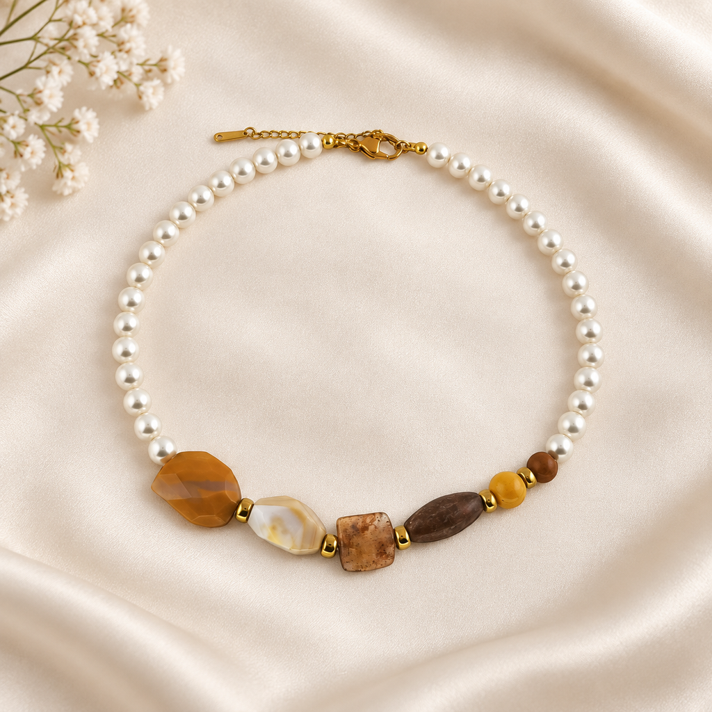 Colar Nascente Duna com pérolas de concha e pedras naturais em ocre, amarelo-mel e creme, sobre cetim marfim com pequenas flores brancas.