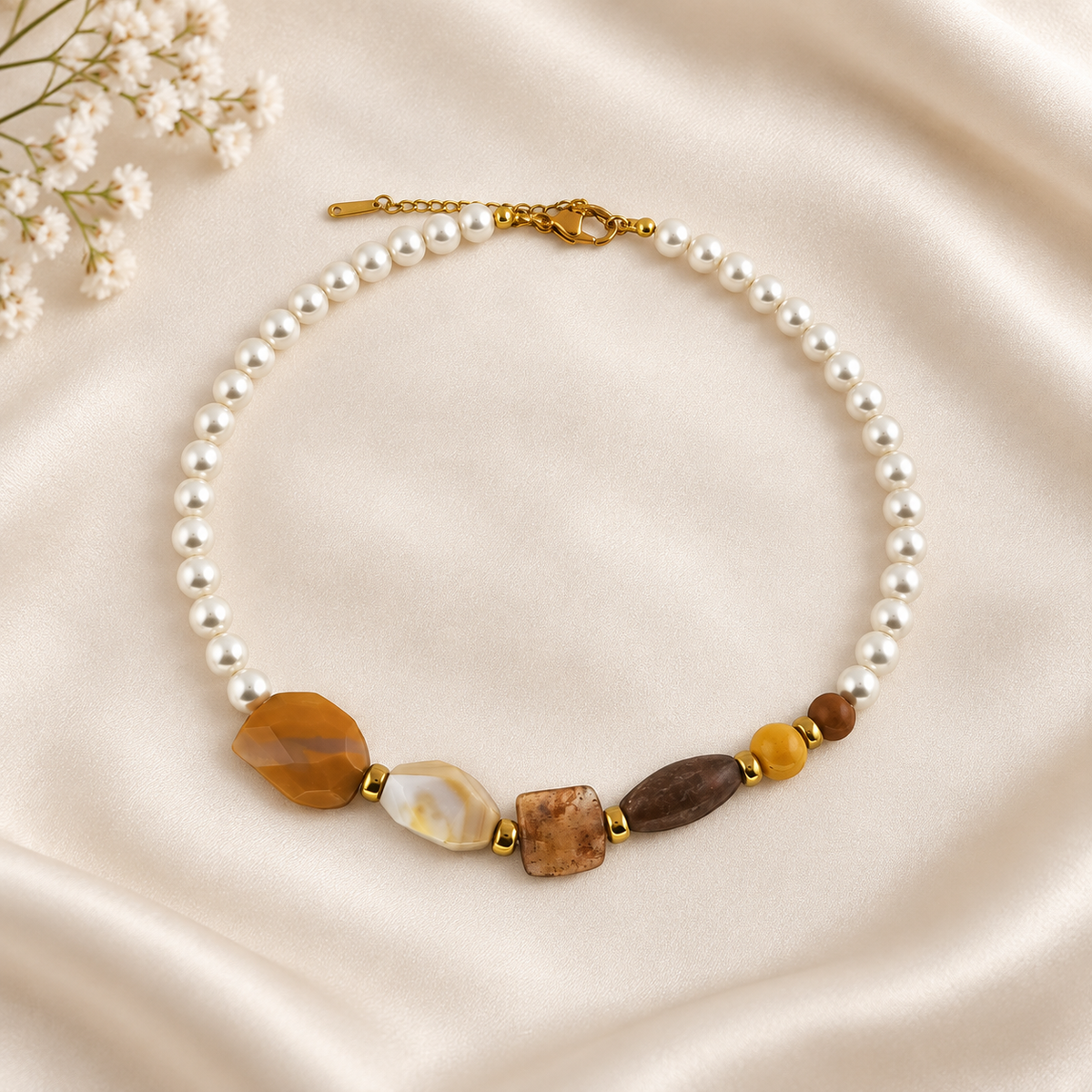 Colar Nascente Duna com pérolas de concha e pedras naturais em ocre, amarelo-mel e creme, sobre cetim marfim com pequenas flores brancas.
