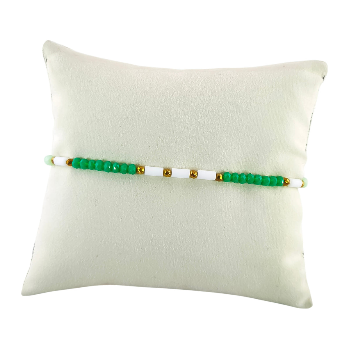Pulseira Cintilante Alvor em verde-pistácio · verde-folha · branco, apresentada em expositor