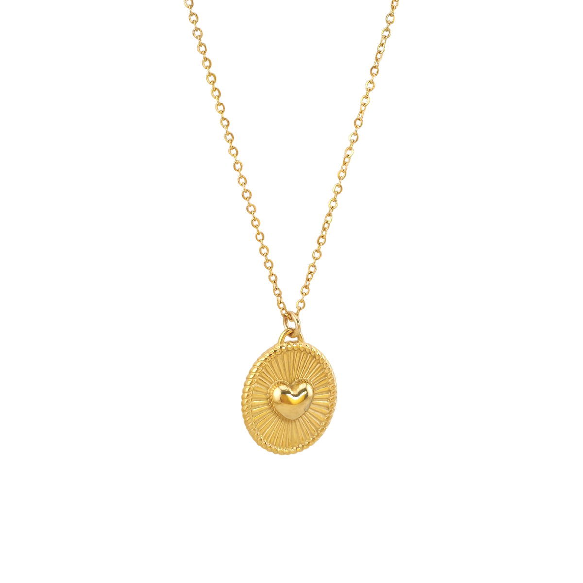 Fio Compasso do Amor dourado em aço inoxidável, aproximado para mostrar o pendente coração e a Corrente Cadeado Redondo 040, sobre fundo branco.